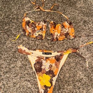 ZARA Floral Bikini Set in Brown and Orange